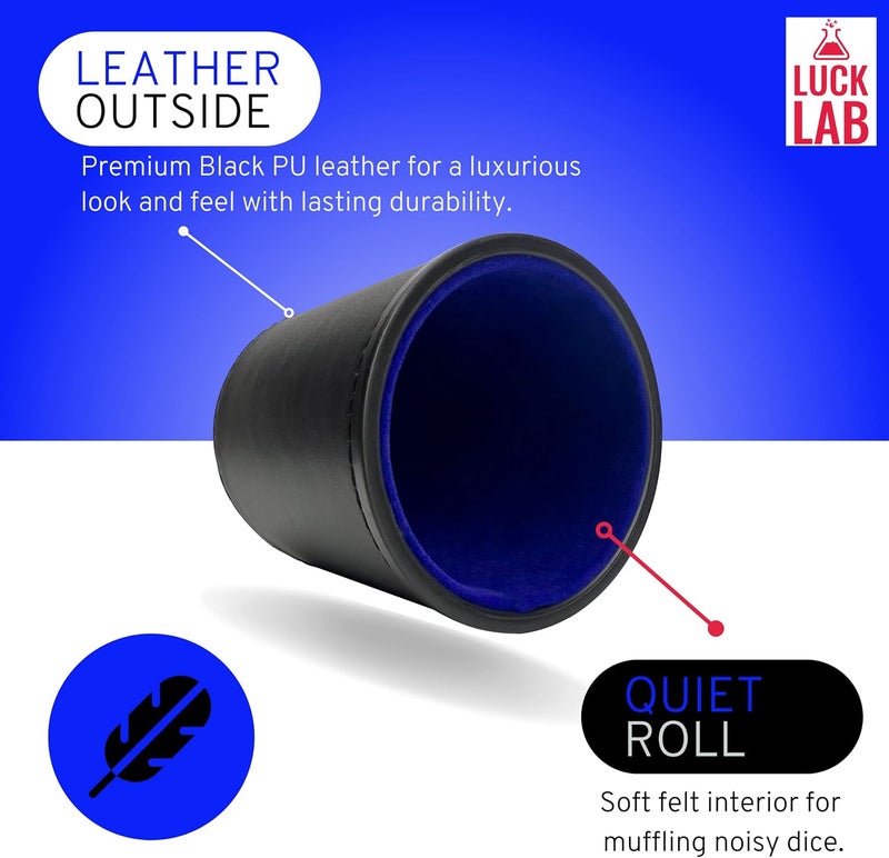 Luck Lab Black Leather Dice Cup with Lid Including 6 Matching Pearl Dice - Blue Velvet Interior for Quiet Shaking - Use for Liars Dice Farkle Yahtzee Board Games, Black - Image 2
